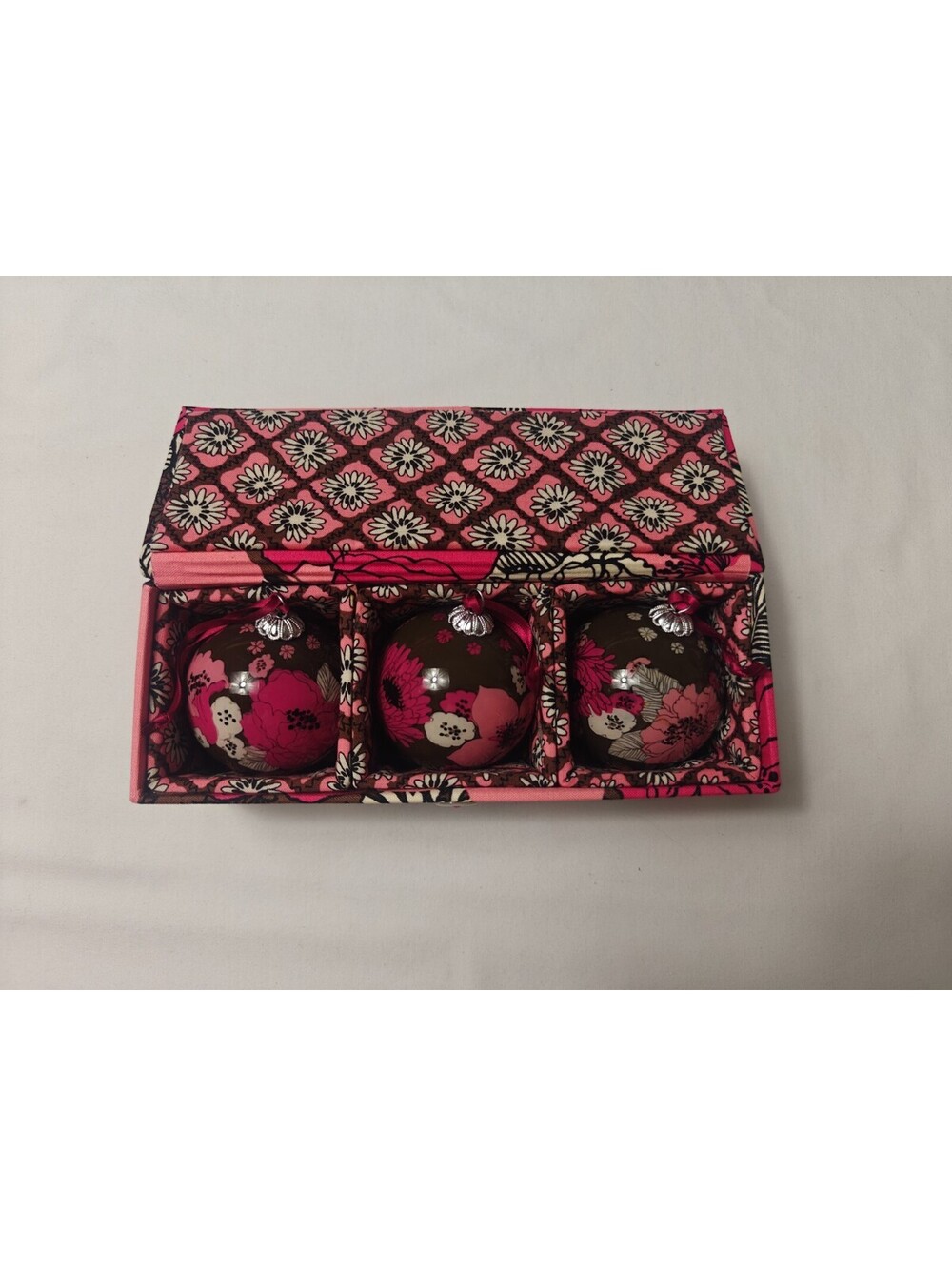 Vera Bradley Trio MOCHA ROUGE Ornaments RETIRED With Fabric Box